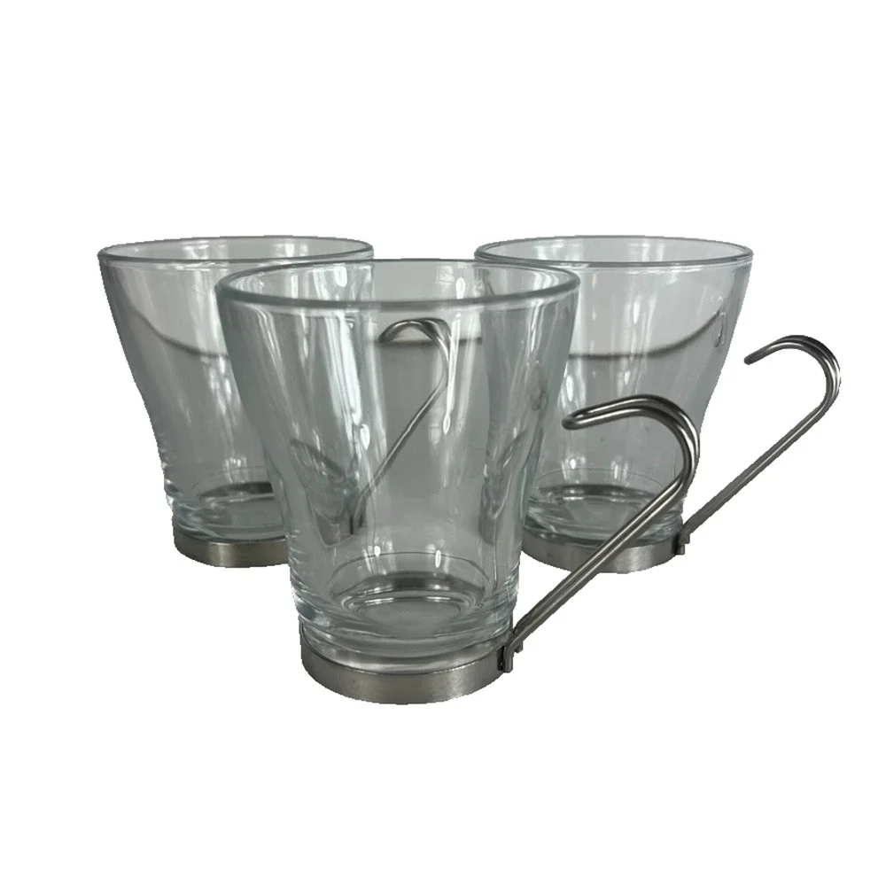 Vintage Bormioli Rocco Vitrosa Cappuccino Cups Wire Handle Tempered Glass Italy